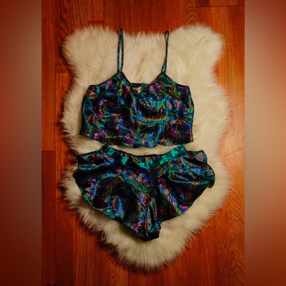Vintage FREDERICK'S OF HOLLYWOOD Satin Sleep Lingerie Top Bottom Paisley Small